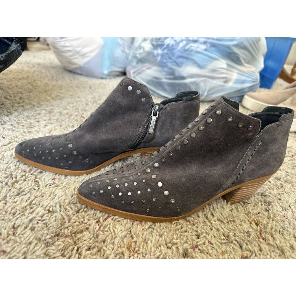 1. State Gray Suede Womens Ankle Booties 9.5M Studded Pointed Toe Zip Closure